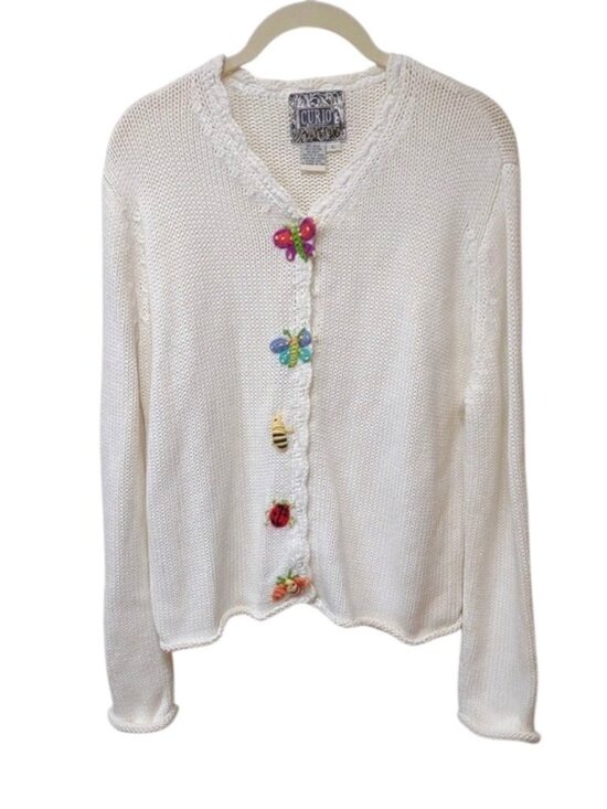 curio Sweaters - Curio Vintage White Knit Cottage-Style BU Cardigan Whimsical Decorative Buttons